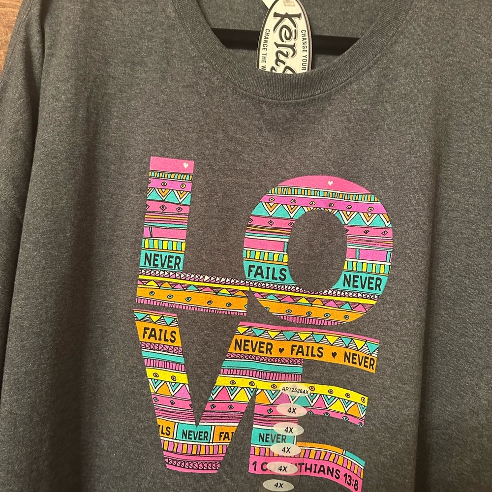 Kerusso Love Never Fails Christian Bible Gray Cotton T-Shirt 4XL Unisex New - Picture 3 of 8